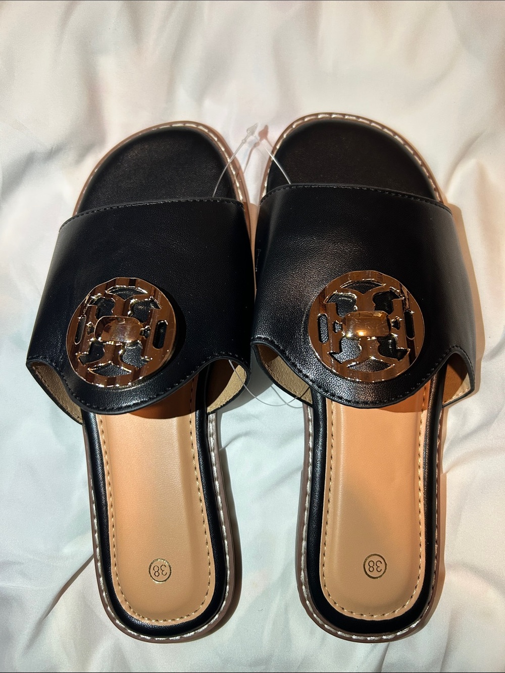 Black Slide Sandals with Gold Emblem